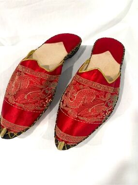 Vintage Embroidered Red Satin Dragon Slip-On Slippers
